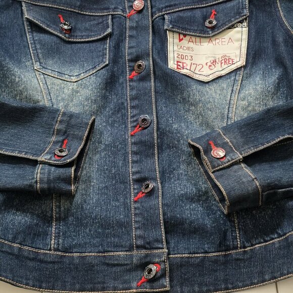 Vtg Ecko Red Jacket Women 14 Denim Faux Fur Hood No Pockets Lined Y2K Runs Small - Picture 10 of 16